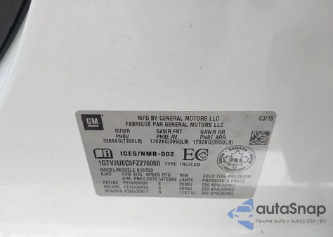 2015 GMC Sierra 1500 Sle из США, поврежденный, VIN 1GTV2UEC5FZ276060